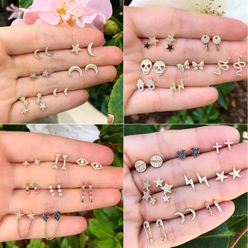 

Vintage Flower Shell Moon Star Crystal Stud Earrings Set for Women Girls 2020 Fashion Small Earrings Boucle d'oreille Femme