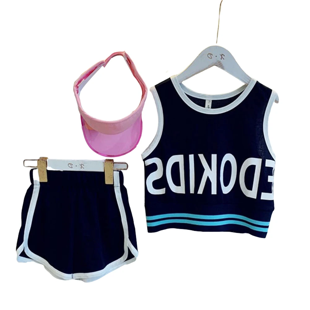 

Children Summer Two Piece Sport Fashion Letter Printed Stripe Vest Top Solid Color Short Pants Suit Boys & Girls Clothes