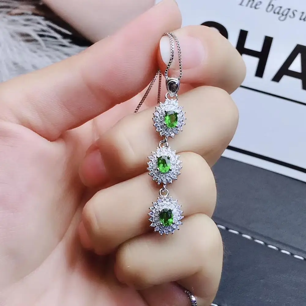 

elegant strand Tassels Natural green diopside necklace pendant S925 silver natural gemstone pendant girl party gift jewelry