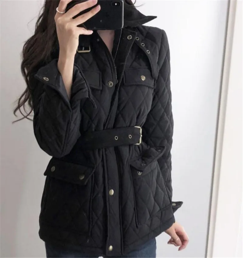 

Black Autumn and Winter Street Wind Pocket Belt Small Turn-collar Jacket Coats Thickened Thermal Jackets Fashion Broadcaster