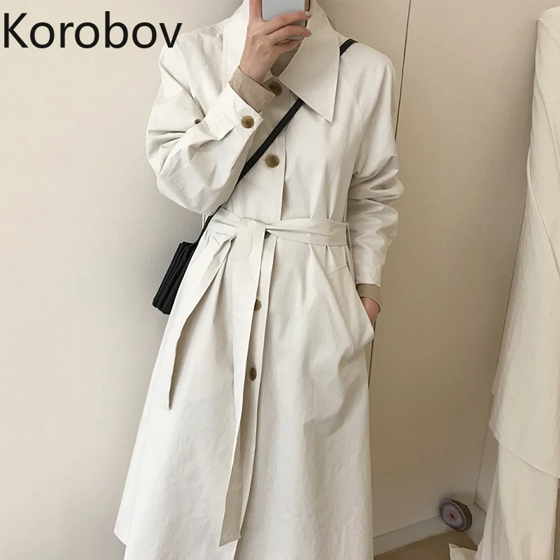 

Korobov Korean Solid Vintage Elegant Turn-down Collar Women Trench Female Single Breasted Sashes X-Long Windbreaker Coat 78938