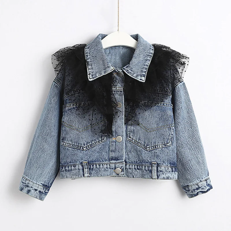 Babyinstar/куртка для маленьких девочек; детская джинсовая куртка; осенняя одежда для маленьких девочек; Джинсовая куртка для девочек; лоскутное Сетчатое джинсовое пальто - Цвет: TK01373Black
