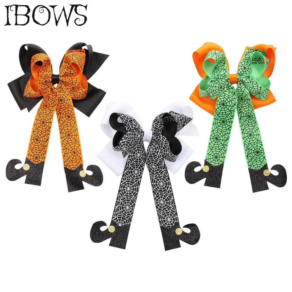 

3Pcs/lot Halloween Hair Bows For Girls Kids Spiderweb Print Long Tail Hair Clips Glitter Boots Cheer Bows Hair Accessories