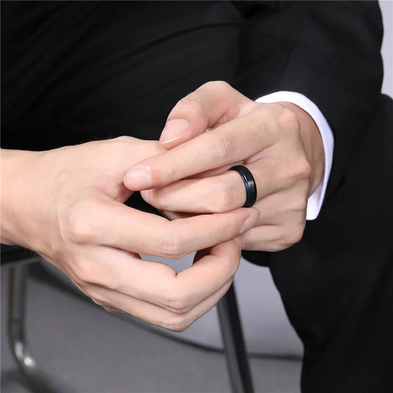 Tigrade Women Men Black Ring with Blue Line Brushed 6mm 8mm Tungsten Carbide Daily Jewelry Unisex Rings Dark 4
