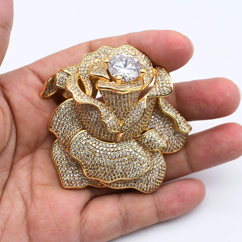 Big Top Grade Beautiful Gold Cubic Zirconia Pave Rose Flower Brooch Pin/connectors