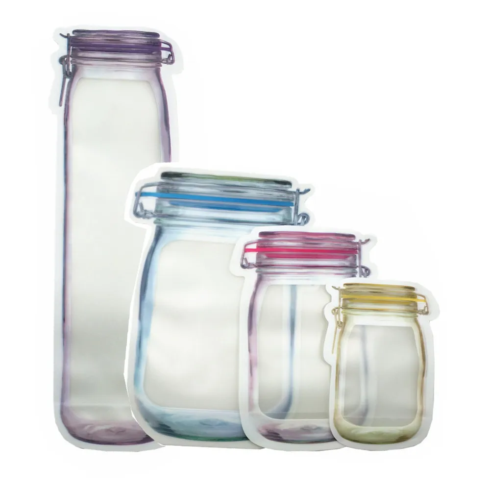 

250Pcs Resealable Stand Up Mason Jar Shaped Bag Zip Lock Candy Bean Container Storage Pouch Clear Mason Jar Plastic Packing Bag