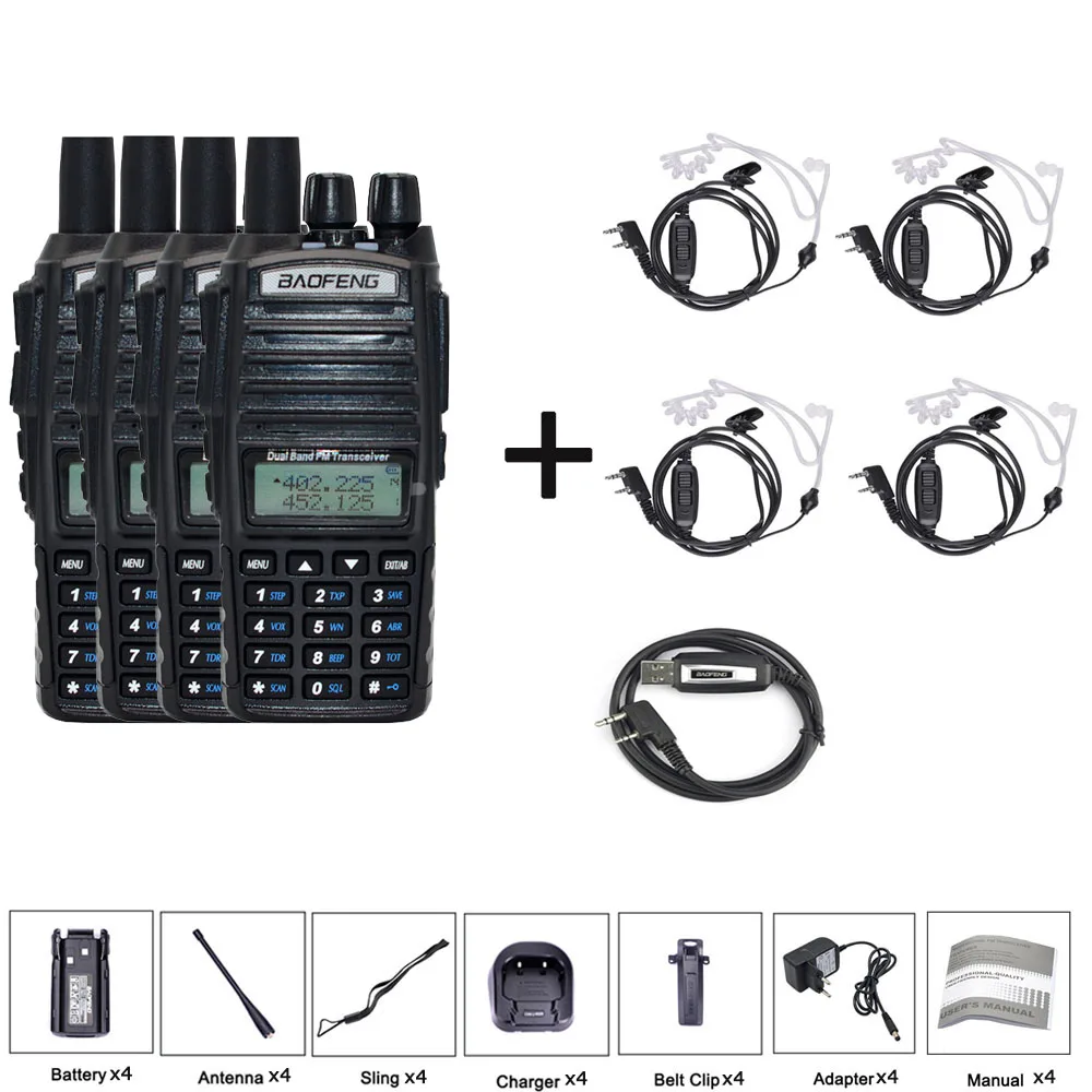 4 шт. Baofeng UV-82 рация 8 Вт двойной PTT двухстороннее радио Двухдиапазонный портативный UV 82 трансивер UV82 CB радиостанция - Цвет: add 4 tube earp-1cab