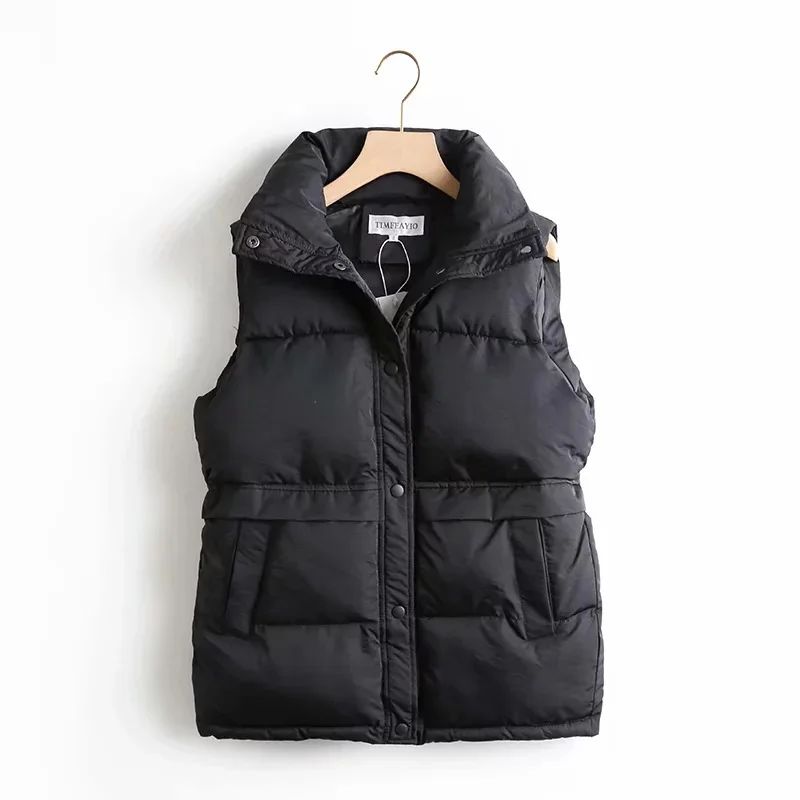 Autumn Winter Women Solid Loose Vest Drawstring Stand Collar Long Vest Jacket  Cotton Padded Women Windproof Warm Waistcoat 3