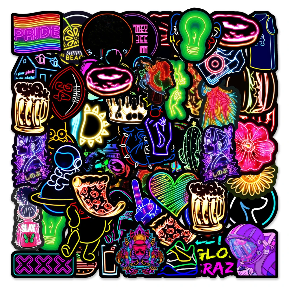 10/30/50PCS Neon Light Graffiti Stickers Cartoon Decals DIY Laptop Luggage Phone Motorcycle Car Cool Waterproof Sticker Kids Toy 10 30 50pcs cartoon neon light graffiti stickers aesthetics skull sticker for luggage motorcycle phone skateboard cool toy decal