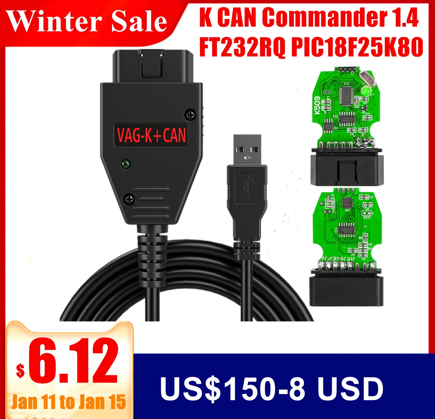 Автомобильный диагностический кабель OBD2 для VAG K + CAN Commander 1 4 с FTDI FT232RL PIC18F25K80 сканер