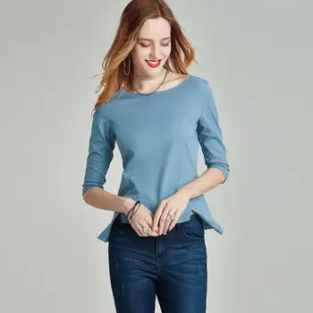 

HAVVA Autumn Winter Women Round Collar Top Irregular Half Sleeve T-shirt Female Pure Color Base T-Shirt T31950