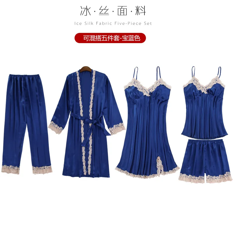 royal blue 5 Комплект из 5 предметов, Женский пижамный комплект, сексуальное кружевное атласное ночное белье, женские пижамы для женщин, пижама, Повседневная Пижама для сна - Цвет: royal blue 5