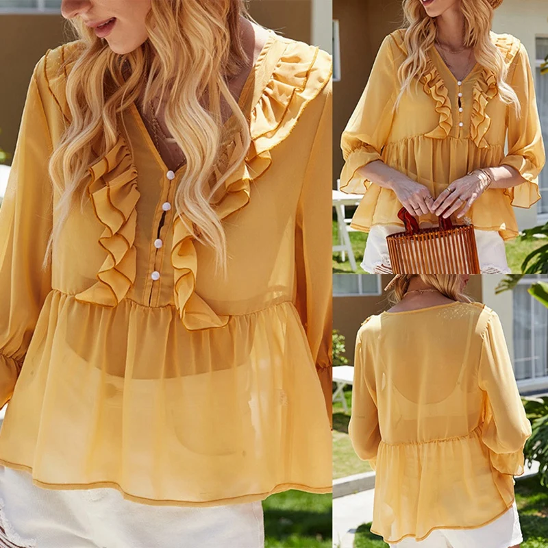 

Summer Solid Color V-Neck Female Cover Meat Lantern Sleeves Loose Doll Shirt Waist Casual Women Tops