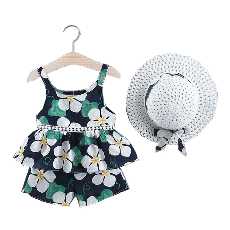 

Baby Girl Set Sleeveless Broken Flower Tops+Shorts+Straw Hat 3 pcs Casual Newborn Outfit Summer Infant Clothing Cotton Baby Suit