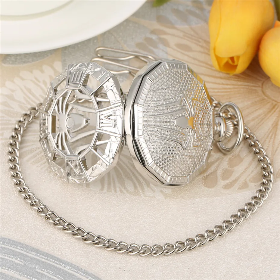 Punk Cool Spider Half Hunter Mechanical Pocket Watch Self Winding Pendant Clock Gifts for Men Women Roman Numerals Display Dial