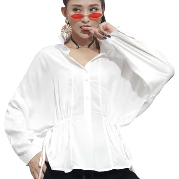 

2020 Spring Summer Loose Batwing Sleeves Shirt For Woman V Neck Womens Tops And Blouses With Drawstring New Arrivals