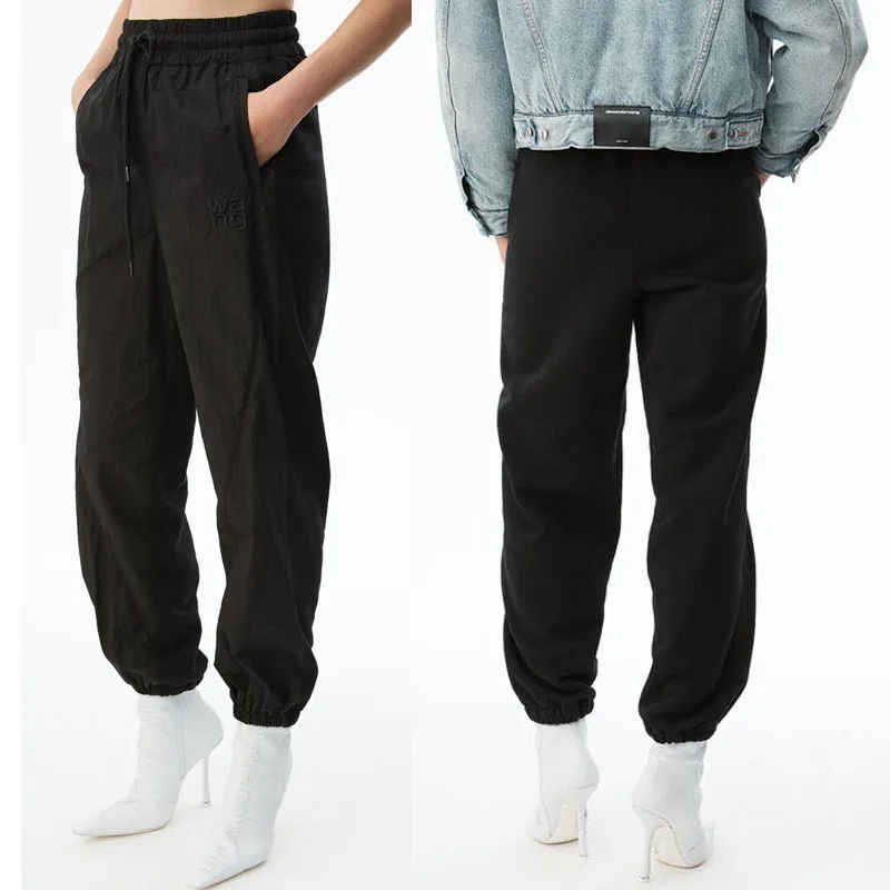 

2020 Spring Summer Women Logo Nylon Terry Cloth Mixed Patchwork Embroidered Letter Trousers Black Pants A2