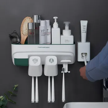 

Bathroom Set Toothbrush Holder Toothbrush Toiletries case Toothpaste Dispenser Wall Mount Storage Rack with Cup Bath Accessories