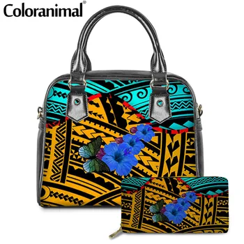 

Coloranimal 2Pcs/Set Shoulder Bag&Purse for Women Polynesian Ethnic Hibiscus and Plumeria Butterfly Print Lady PU Crossbody Bag