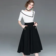 Офисный женский комплект одежды, женские летние весенние черно-белые вязаные топы, футболки и длинная юбка, черные женские костюмы Vestidoes NS278