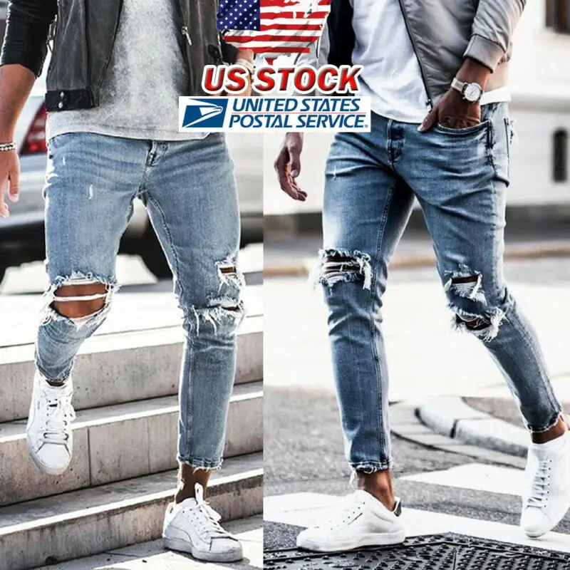 

Men Stretchy Ripped Skinny Biker Embroidery Print Jeans Destroyed Hole Taped Slim Fit Denim Scratched High Quality Jean