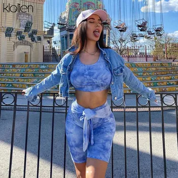 

KLALIEN streetwear casual summer female two piece set sportswear camisole and shorts women set skinny elastics tracksuit women