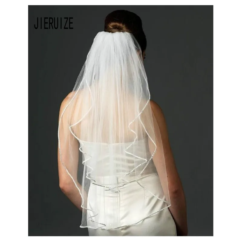 JIERUIZE, новинка, модная Фата для невесты, белая, слоновая кость,, короткая, два слоя, с гребнем, свадебные аксессуары, свадебная фата с бисером по краям