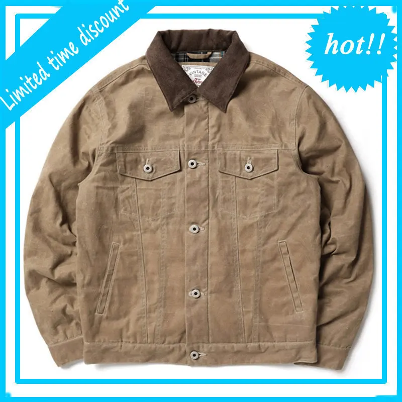 

2020 American Vintage Cotton Cloth Jacket Business Casual Oil Wax Wick Velvet Collar Jacket Spring Autumn Khaki Button Coat