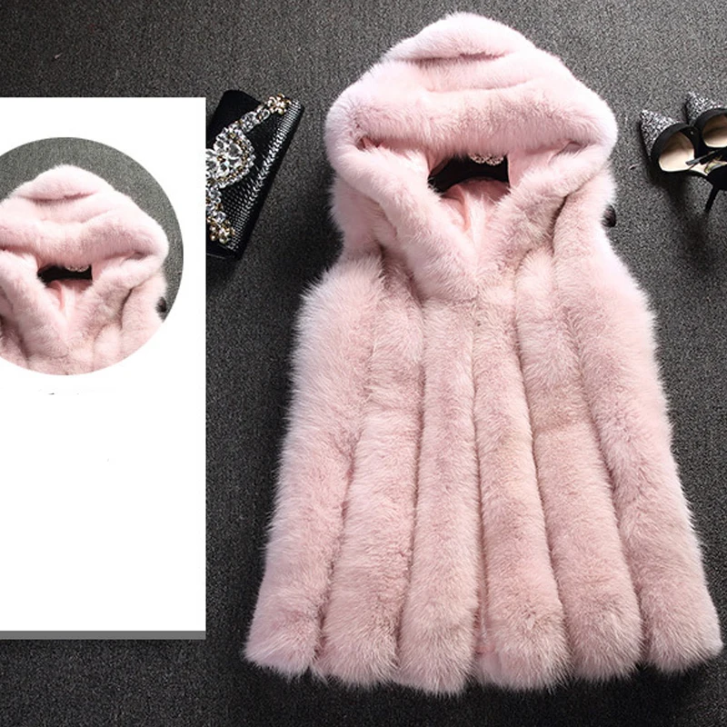 Plus Size Autumn Winter Faux Fox Fur Vest With Hooded High Quality Long Waistcoat Fur Cardigan Woman Vest manteau femme DF607