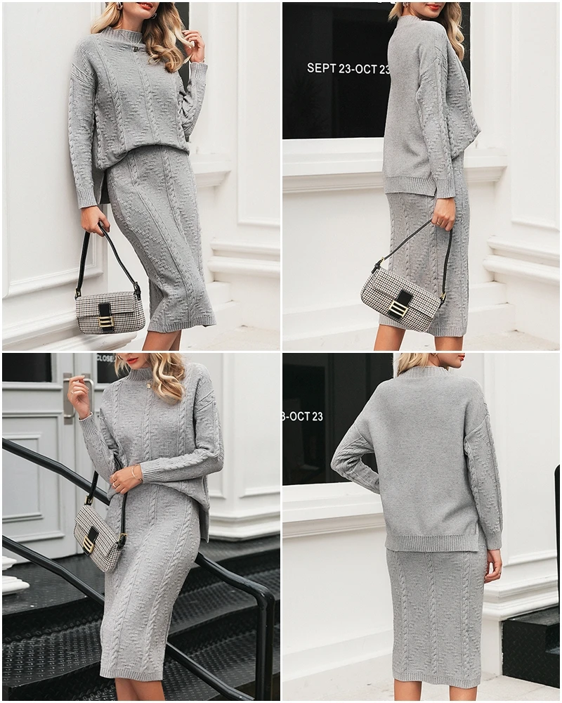 JaMerry Vintage elegant two piece set women knitted dress suit Autumn winter long sleeve ladies suit Party female sweater dress