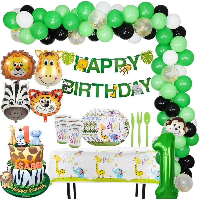 

Jungle Birthday Party Decoration Green Number Balloons Animal Balloon Safari Party Paper Cup Plate Banner for Kids Party