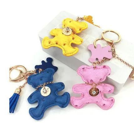 Экспорт страуса шаблон кожаный медведь кисточкой брелок сумка Подвеска автомобиль брелок аксессуары оптом