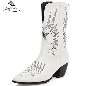 

Sgesvier SIZE 34-48 Brand women Embroidery Western Boots pointed toe autumn winter boots ladies mid calf boots shoes black white