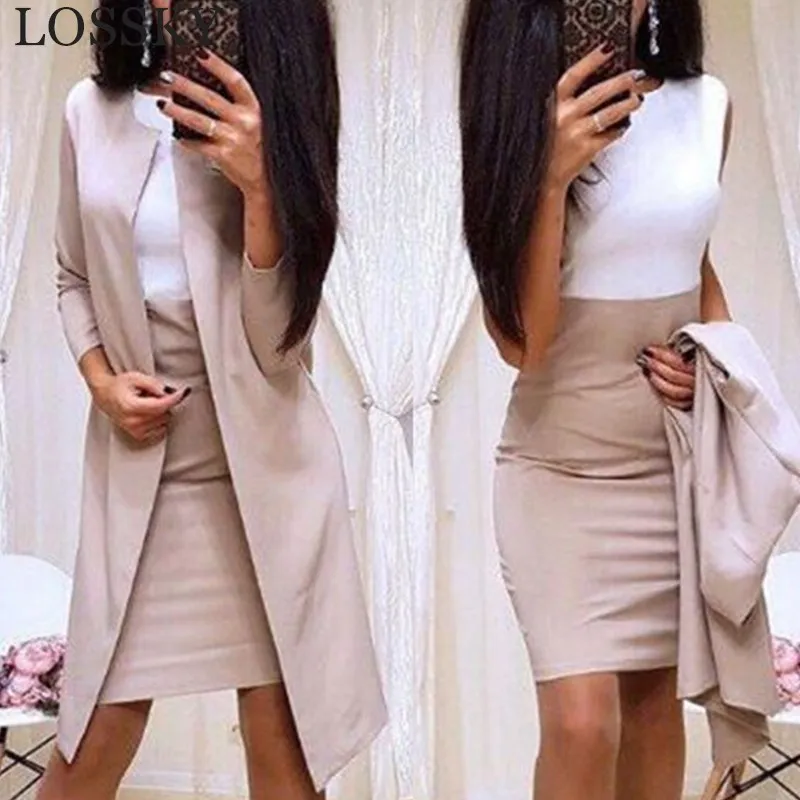 Autumn Formal Dress Suits Women Long Sleeve Blazer Jacket And Bodycon Mini Dress Office Wear 2 Piece Female Sets Garnitur Dress - Цвет: khaki