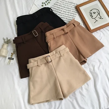 

Vintage Wool Shorts Women High Waist with Belt Wide Leg Short Chic Slim Spring Autumn Short Pants Solid Korean Thick Loose W391