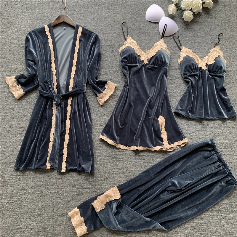 

Autumn 4 Pieces Women Pajamas Sets Gown & Robe Sleepwear Velvet Nightwear Pyjama Strap Sleep Lounge Set Pijama with Chest Pad