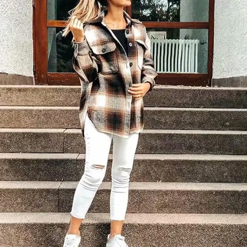 

2019 Women Autumn Winter Thick Warm Shirts Loose Chic Contrast Colors Patchwork Plaid Blouses Pockets Casual Shirts