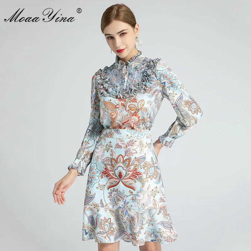 

MoaaYina Fashion Designer Set Spring Women's Stand collar Ruffles Long sleeve Blouses Tops+Indie Folk Print Skirt Two-piece suit