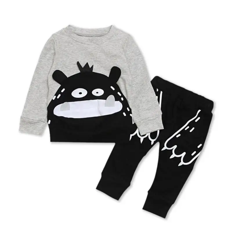 Топ с длинными рукавами и рисунком маленького монстра для мальчиков; брюки детская одежда из двух предметов подходит для весны и осени