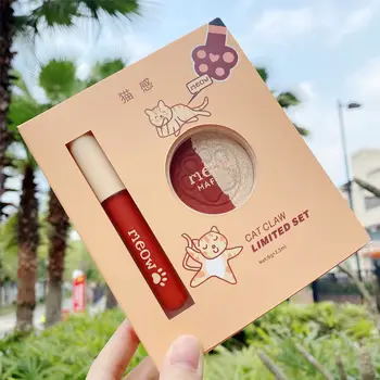 

[Lip glaze + two-color highlight] cat lip glaze two-color blush combination set cute matte velvet girl heart