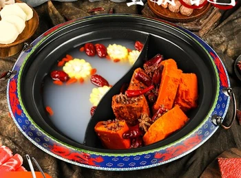 

Hot pot enamel cast iron clear soup two flavors chaffy dish Yuanyang string soup stewpot Chongqing Sichuan chafing dish