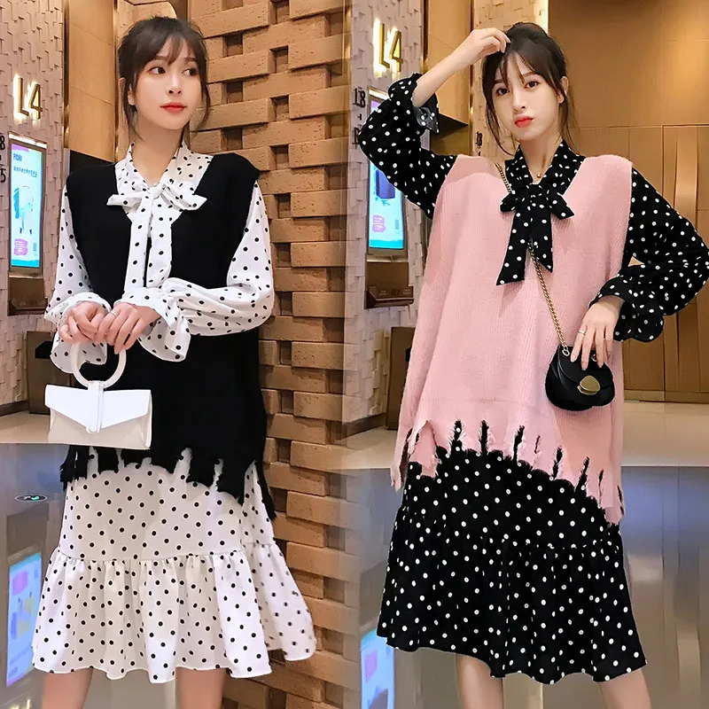 

Pregnant Women Autumn Clothing Spring And Autumn Tops Mid-length Pregnant Women Chiffon Dress + Knitted Sweater Vest Suit