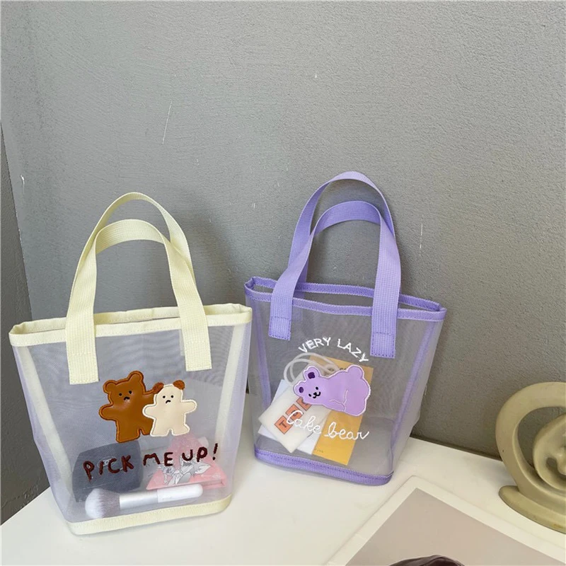 

Korea Bear Mesh Handbag Girls Summer Portable Travel Beach Bag Women Daily Shopping Bags Gauze Hand Bags Fashion Tote Bag