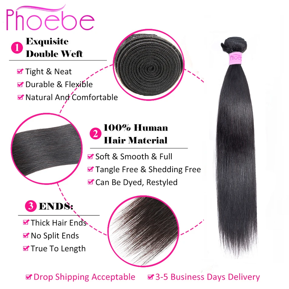 Phoebe прямые бразильские волосы 3 пряди с закрытием человеческие волосы для черных женщин "-28" низкое соотношение не Реми натуральный цвет