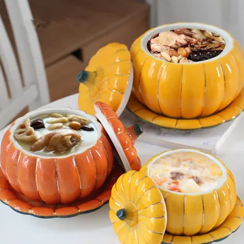 

Ceramic Pumpkin Bowls with Lid Home Kitchen Decor Creative Handle Salad Fruit Soup Microwave Oven Exquisite Decorative Tableware