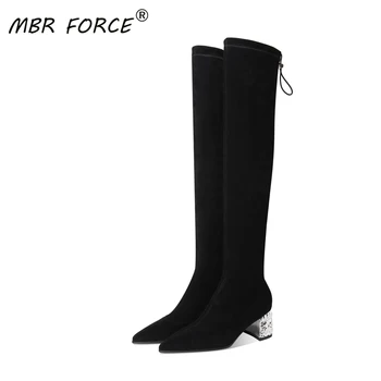 

MBR FORCE Fashion flock over the knee boots Shoes pointed toe high heels Booties sexy elegant ladies Female Women party dress