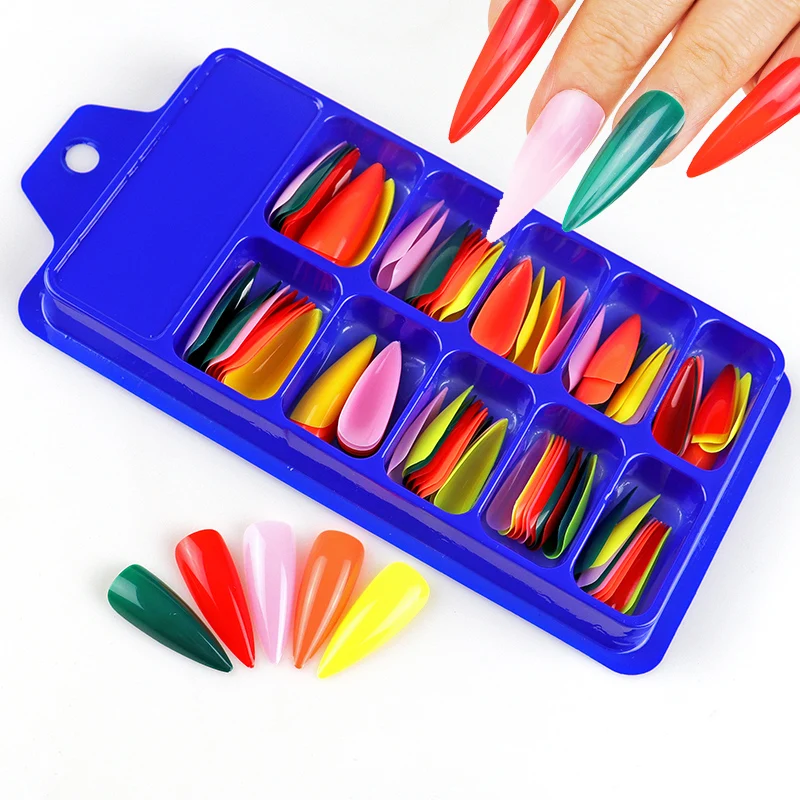 

100Pcs Long Stiletto Fake Nail Art Tips Mix Color Coffin Nails Drop ABS Full Cover Fasle Nails Manicure Charms