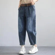 Johnature Длинные повседневные Винтажные эластичные со средней талией модная универсальная женская джинсовая одежда Осенние новые простые женские джинсы