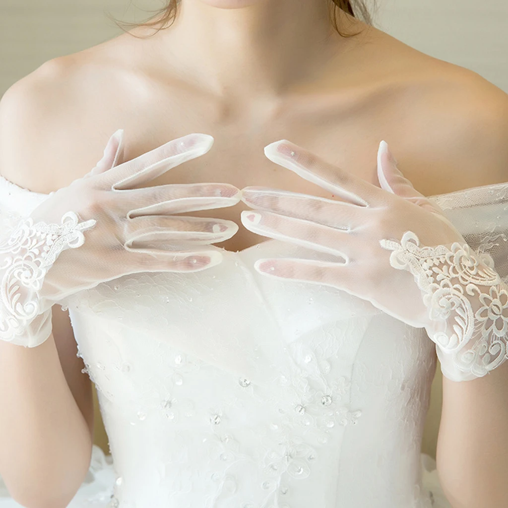 Женские Короткие Прозрачные Свадебные перчатки Цветочные кружевные лоскутные солнцезащитные Свадебные варежки