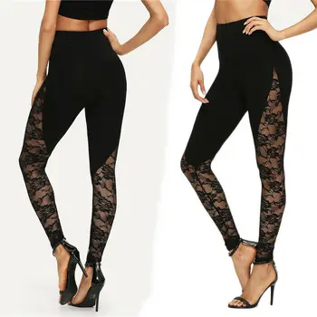 

2019 Fashion Women's Ladies Sexy Casual High Waist Lace Side Panel Cut Out Black Leggings Plus Size